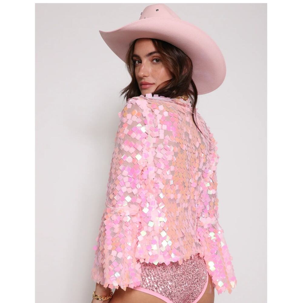 NWT East N West Label Funfetti Jacket Pink Iridescent Sequin Handmade Festival M